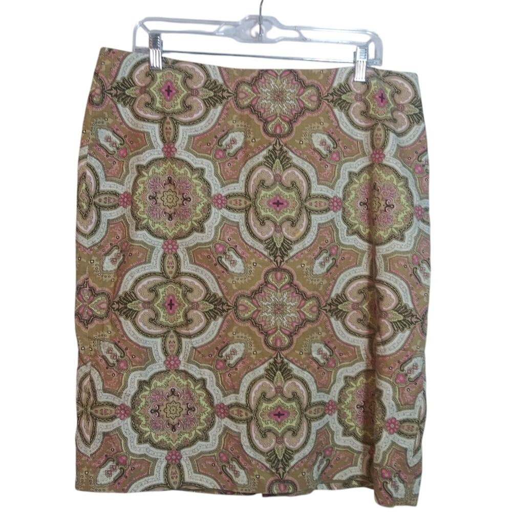 Talbots Cotton Straight Pencil Short Skirt Medallion Print Tan Pink Size 14